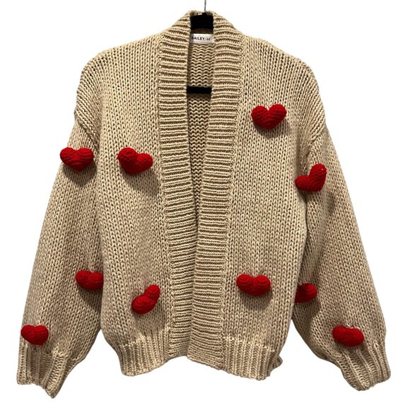 Bailey 44 3D Heart Open Cardigan Sweater, Beige Red, OS - Picture 8 of 8